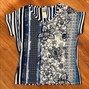 Chico's Blue and White Floral Striped Tee